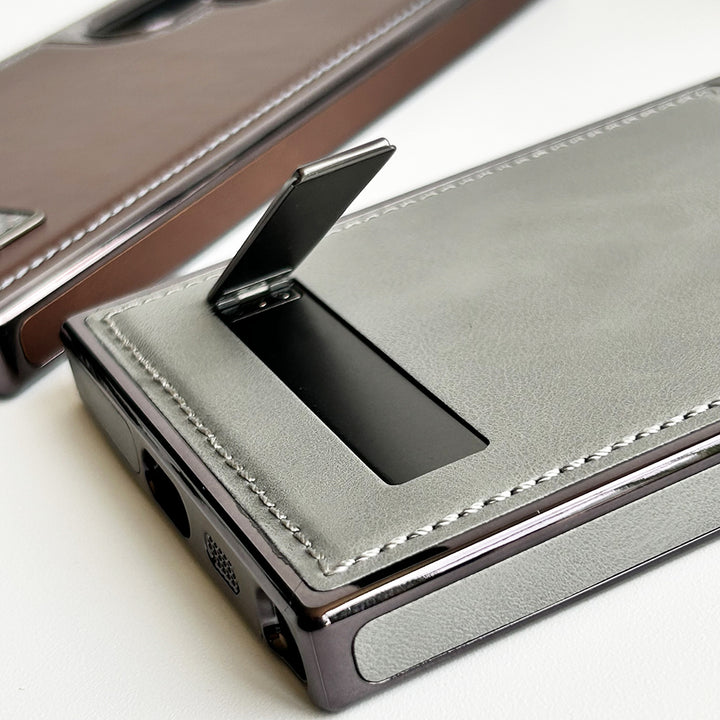 Samsung Galaxy S24 Ultra Textured Stripe Stand PU Leather Side Chrome Case Cover