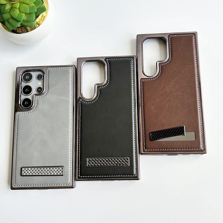 Samsung Galaxy S24 Ultra Textured Stripe Stand PU Leather Side Chrome Case Cover