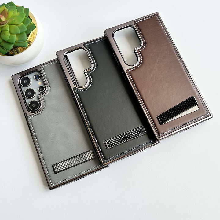 Samsung Galaxy S24 Ultra Textured Stripe Stand PU Leather Side Chrome Case Cover