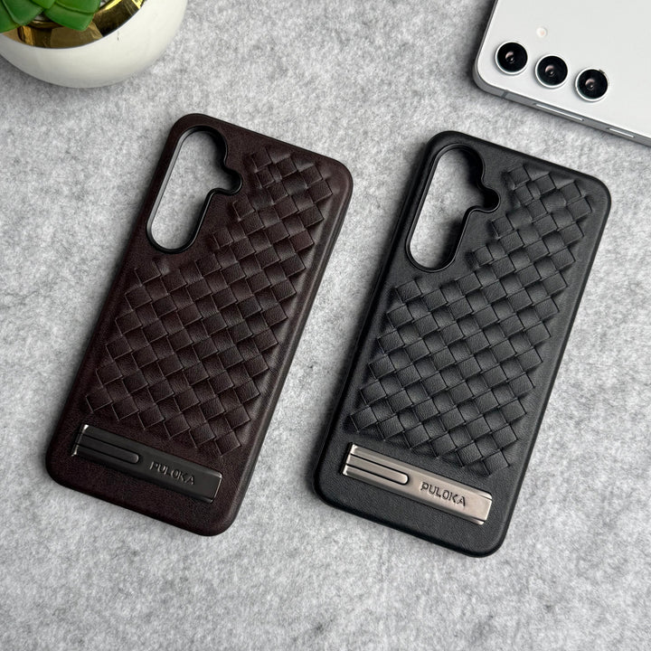 Samsung Galaxy S24 Weave Leather with Metal Kickstand Slim Back Cover