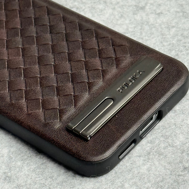 Samsung Galaxy S24 Weave Leather with Metal Kickstand Slim Back Cover