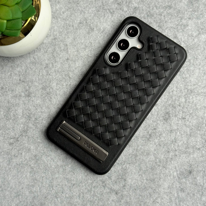 Samsung Galaxy S24 Weave Leather with Metal Kickstand Slim Back Cover