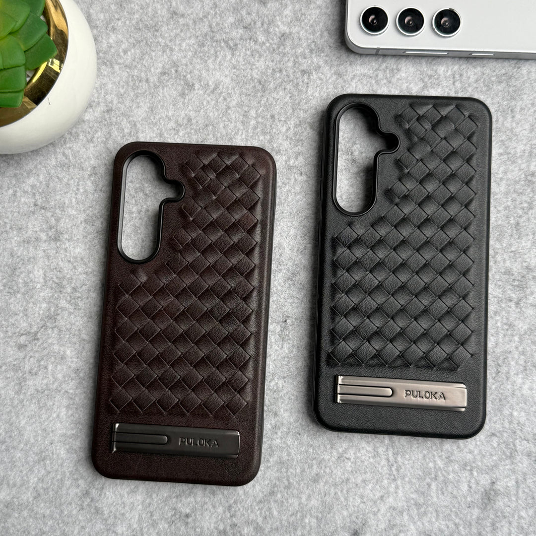 Samsung Galaxy S24 Weave Leather with Metal Kickstand Slim Back Cover