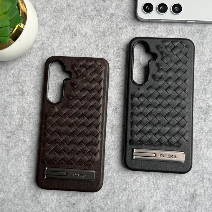 Samsung Galaxy S24 Weave Leather with Metal Kickstand Slim Back Cover