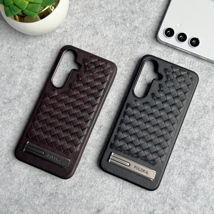 Samsung Galaxy S24 Weave Leather with Metal Kickstand Slim Back Cover