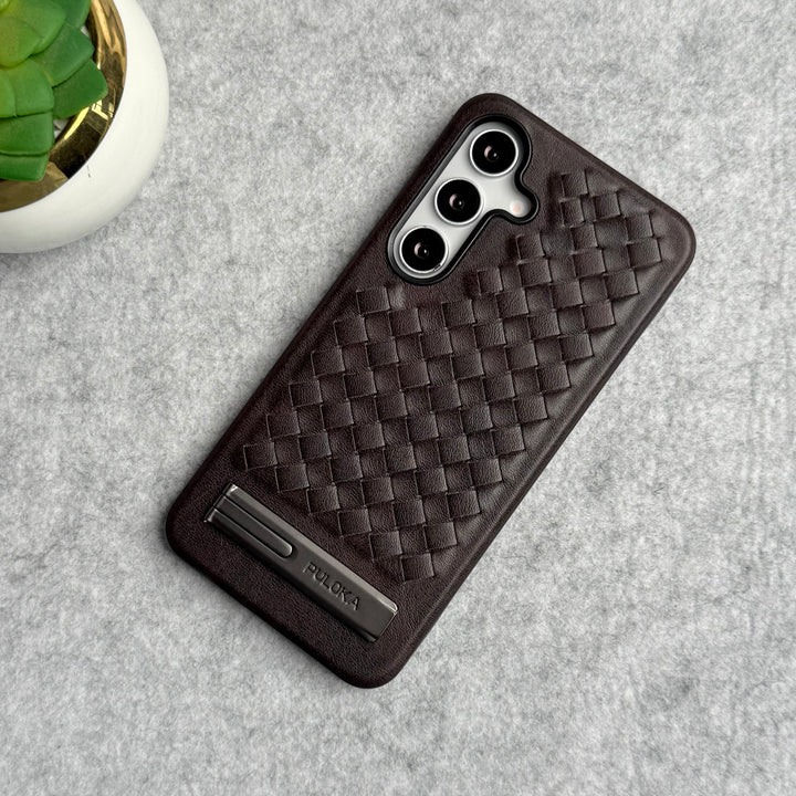 Samsung Galaxy S24 Weave Leather with Metal Kickstand Slim Back Cover