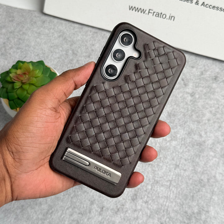 Samsung Galaxy S24 Weave Leather with Metal Kickstand Slim Back Cover