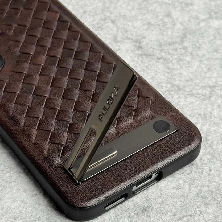 Samsung Galaxy S24 Weave Leather with Metal Kickstand Slim Back Cover