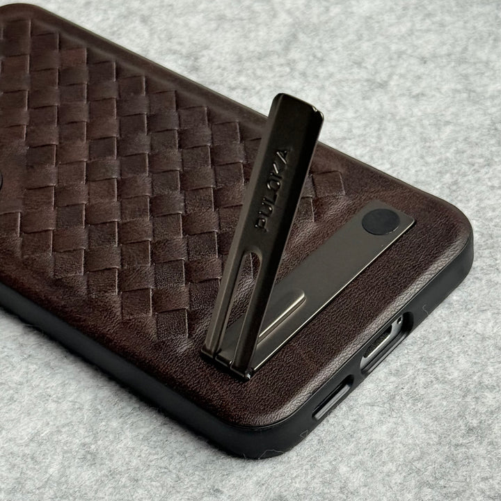 Samsung Galaxy S24 Weave Leather with Metal Kickstand Slim Back Cover