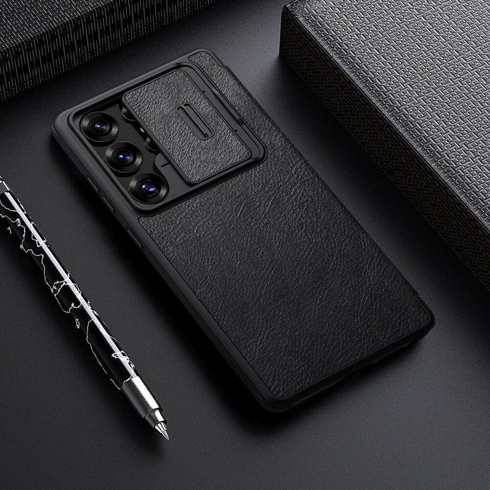 Samsung Galaxy S25 Ultra Camera Protection Nillkin Qin Prop Leather Flip Cover Black