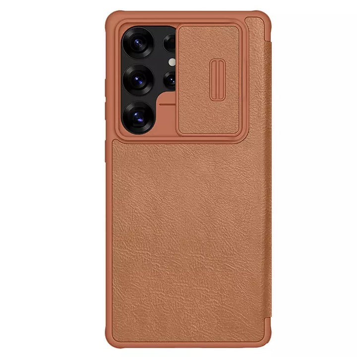 Samsung Galaxy S25 Ultra Camera Protection Nillkin Qin Prop Leather Flip Cover Brown