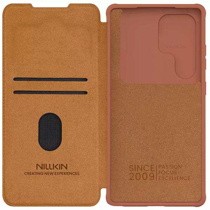 Samsung Galaxy S25 Ultra Camera Protection Nillkin Qin Prop Leather Flip Cover Brown