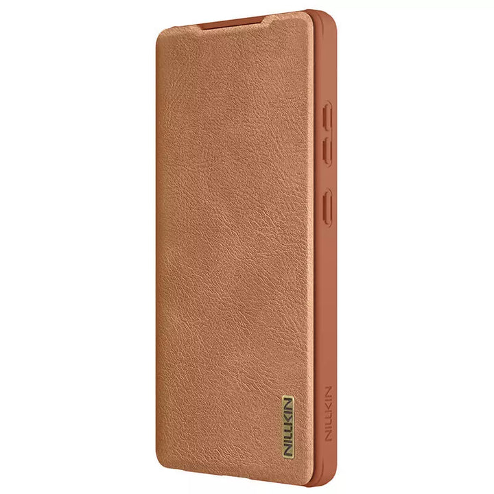 Samsung Galaxy S25 Ultra Camera Protection Nillkin Qin Prop Leather Flip Cover Brown