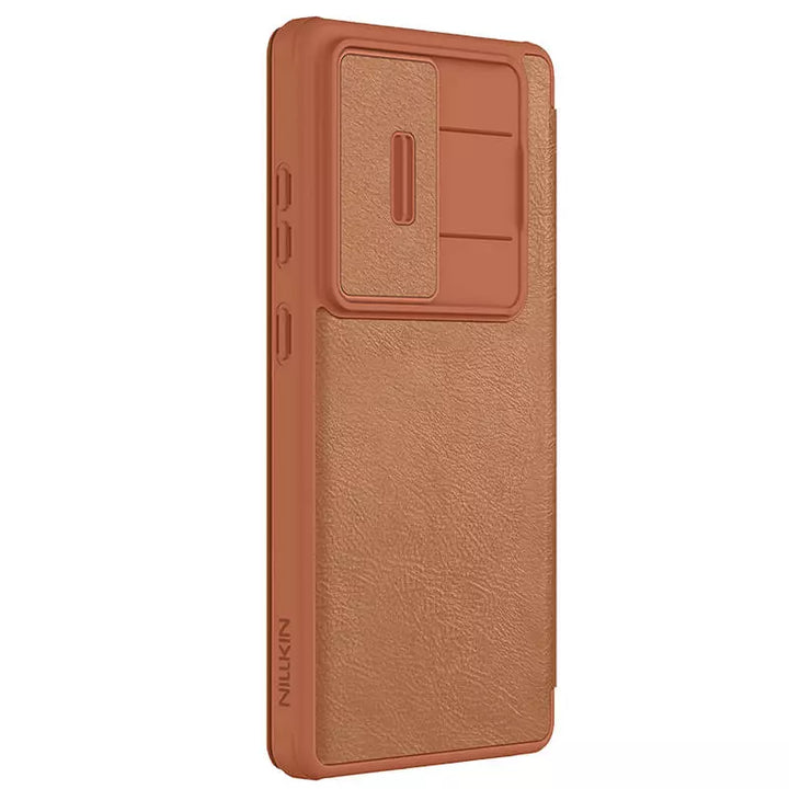 Samsung Galaxy S25 Ultra Camera Protection Nillkin Qin Prop Leather Flip Cover Brown