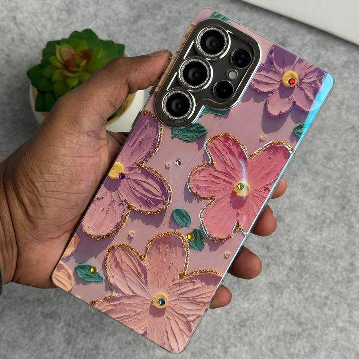 Samsung Galaxy S25 Ultra Luxury 3D Oil Painting Floral Design Glitter Lens Protection Cover