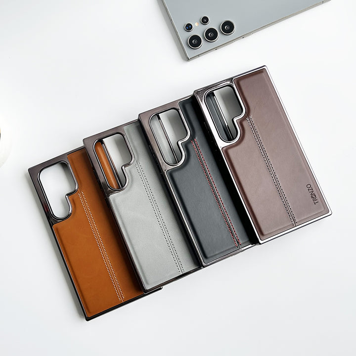 Samsung Galaxy S25 Ultra PU Leather Middle Stitch Side Chrome Case Cover