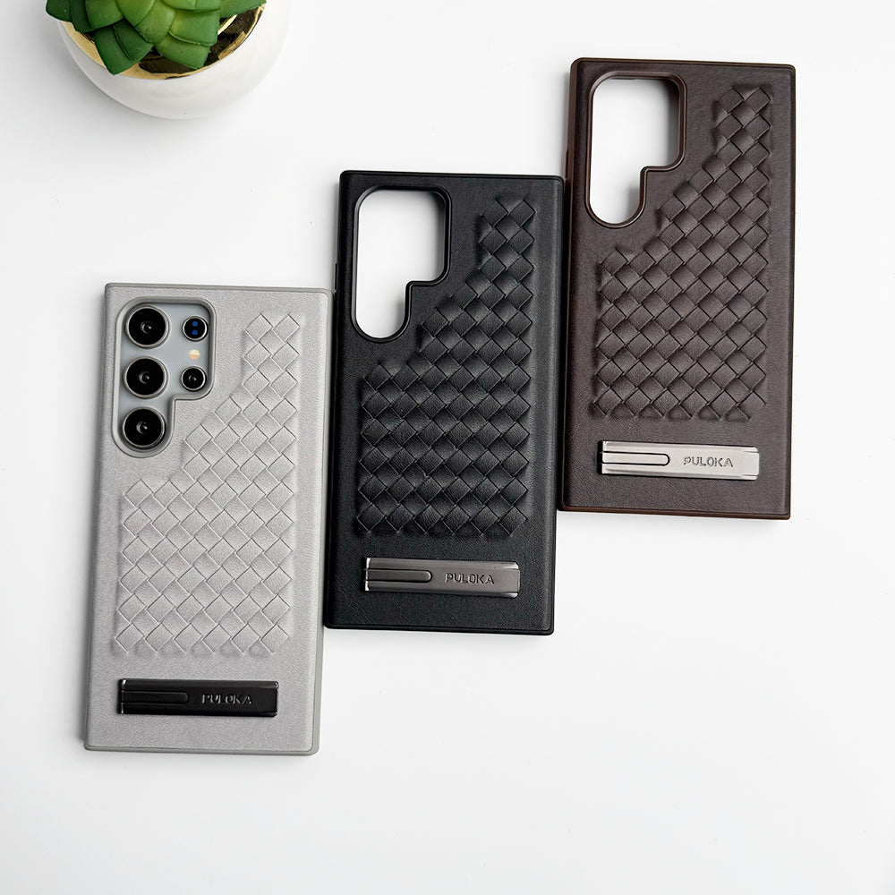 Samsung Galaxy S24 Ultra Weave Leather with Metal Kickstand Slim Back Cover