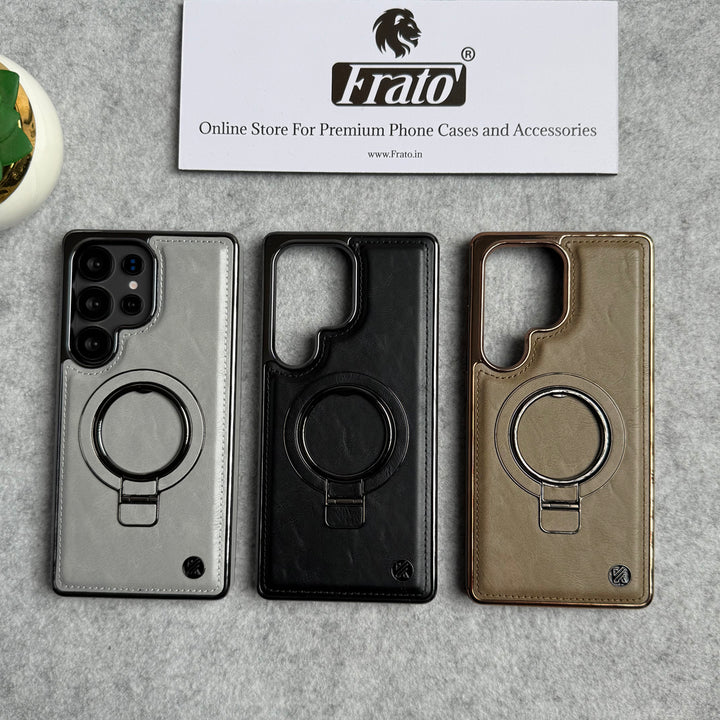 Samsung Galaxy Ultra Series PU Leather Chrome Side Case With Ring Metal Stand