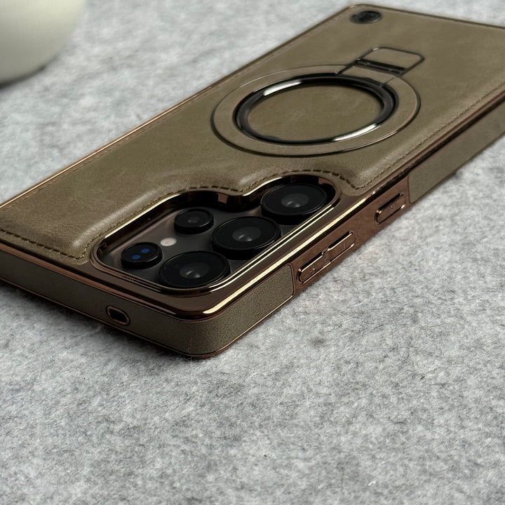 Samsung Galaxy Ultra Series PU Leather Chrome Side Case With Ring Metal Stand