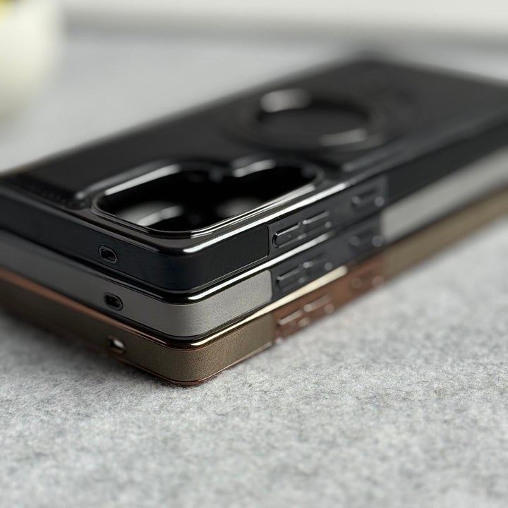 Samsung Galaxy Ultra Series PU Leather Chrome Side Case With Ring Metal Stand