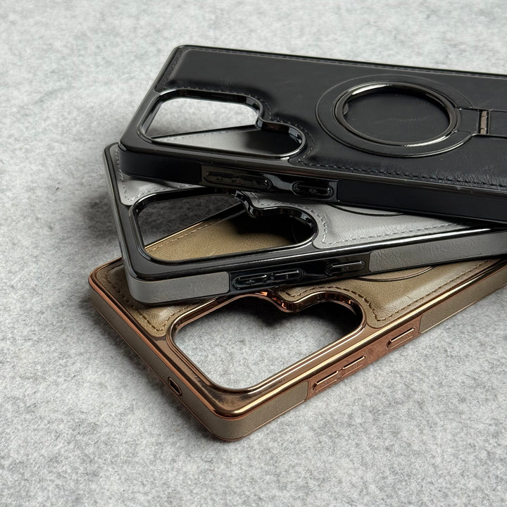 Samsung Galaxy Ultra Series PU Leather Chrome Side Case With Ring Metal Stand