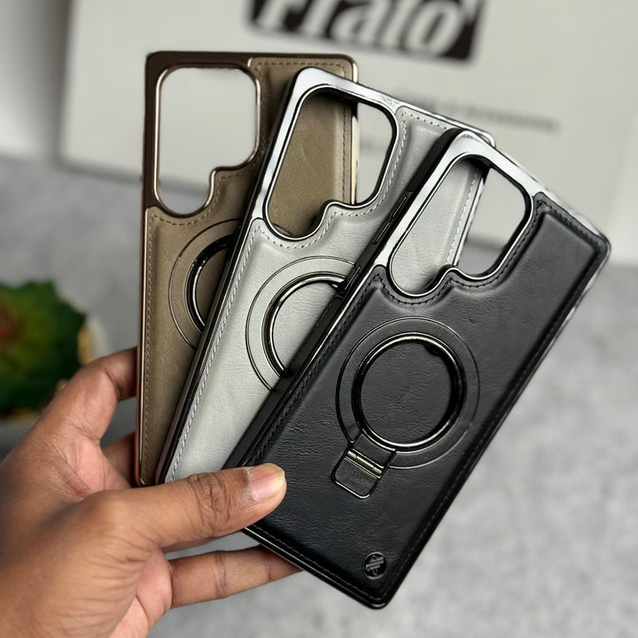 Samsung Galaxy Ultra Series PU Leather Chrome Side Case With Ring Metal Stand