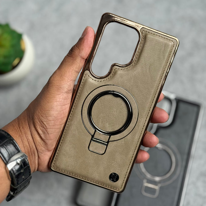 Samsung Galaxy Ultra Series PU Leather Chrome Side Case With Ring Metal Stand