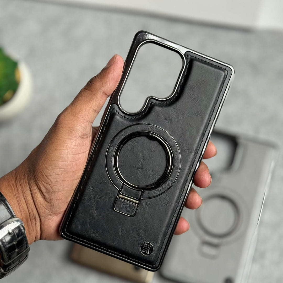 Samsung Galaxy Ultra Series PU Leather Chrome Side Case With Ring Metal Stand