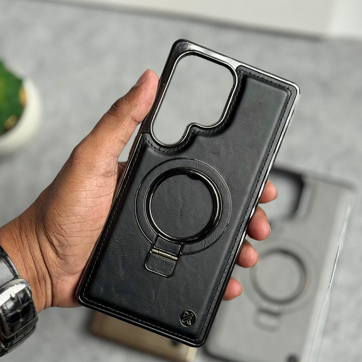 Samsung Galaxy Ultra Series PU Leather Chrome Side Case With Ring Metal Stand