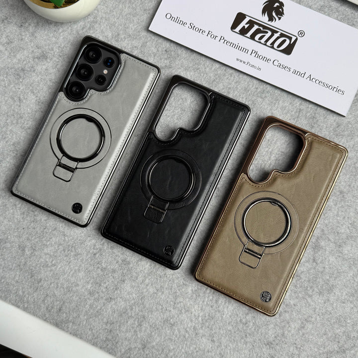 Samsung Galaxy Ultra Series PU Leather Chrome Side Case With Ring Metal Stand