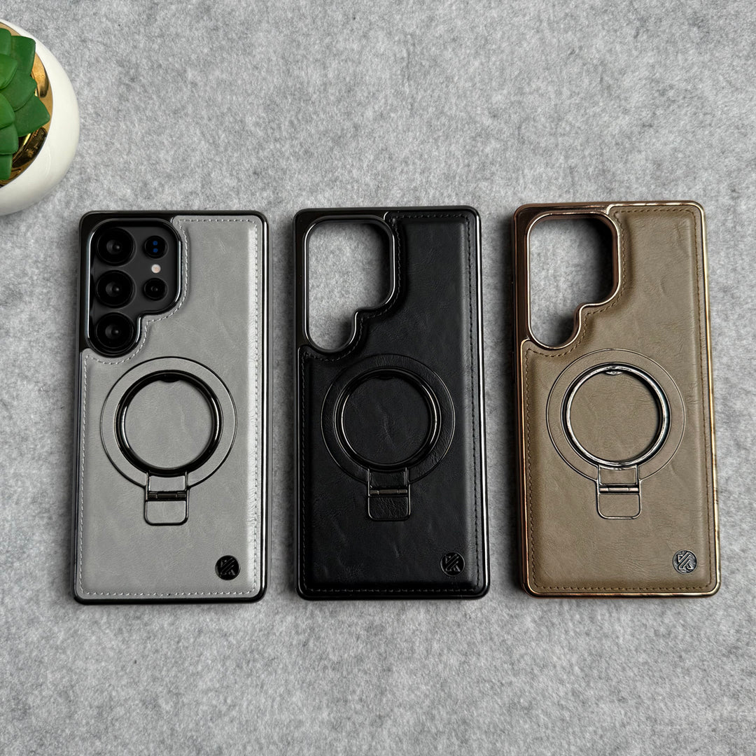 Samsung Galaxy Ultra Series PU Leather Chrome Side Case With Ring Metal Stand