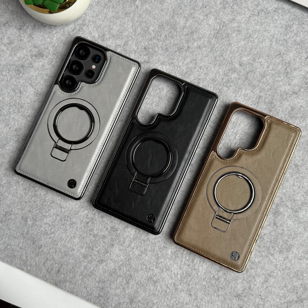 Samsung Galaxy Ultra Series PU Leather Chrome Side Case With Ring Metal Stand