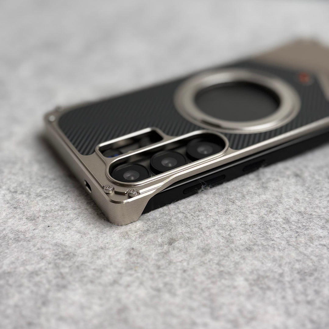 Samsung Galaxy Ultra Series Premium Carbon Leather Aluminium Metal Snap On Rotating Stand case