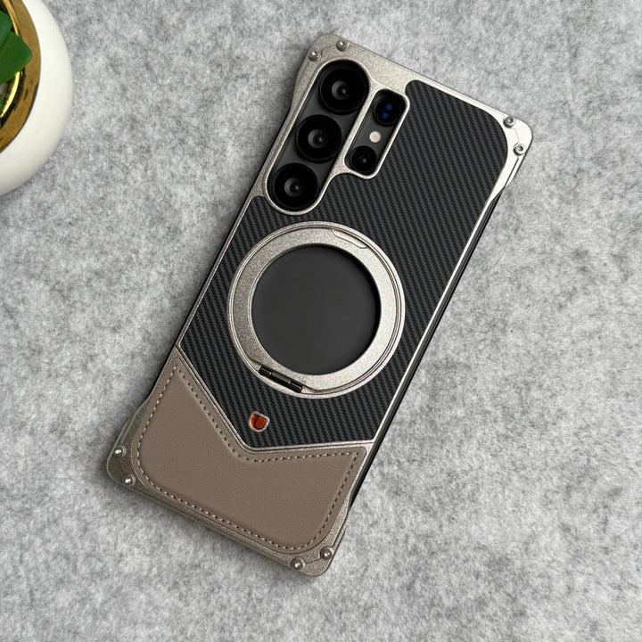 Samsung Galaxy Ultra Series Premium Carbon Leather Aluminium Metal Snap On Rotating Stand case