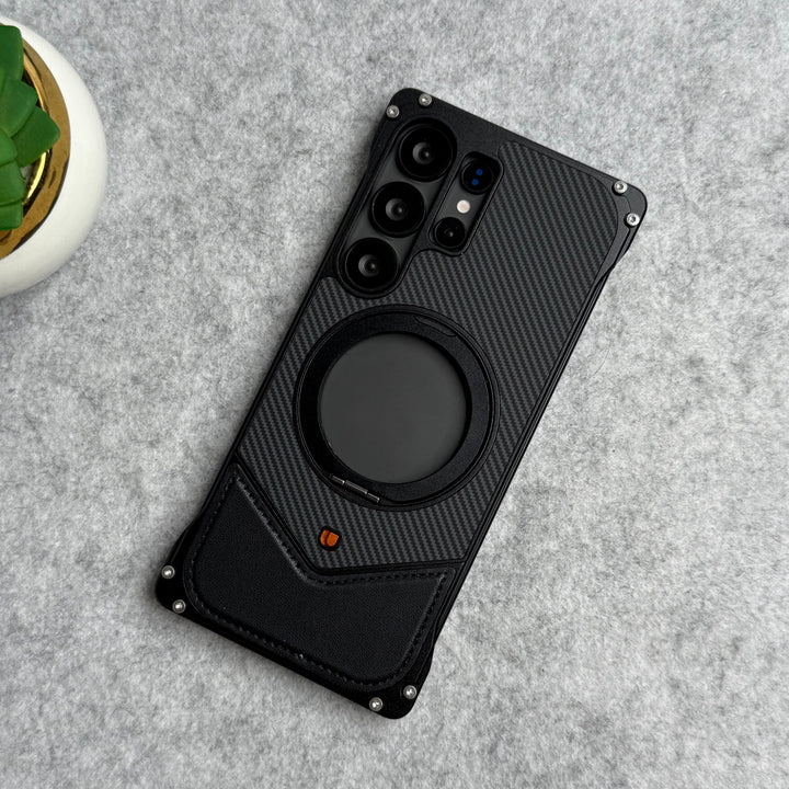 Samsung Galaxy Ultra Series Premium Carbon Leather Aluminium Metal Snap On Rotating Stand case