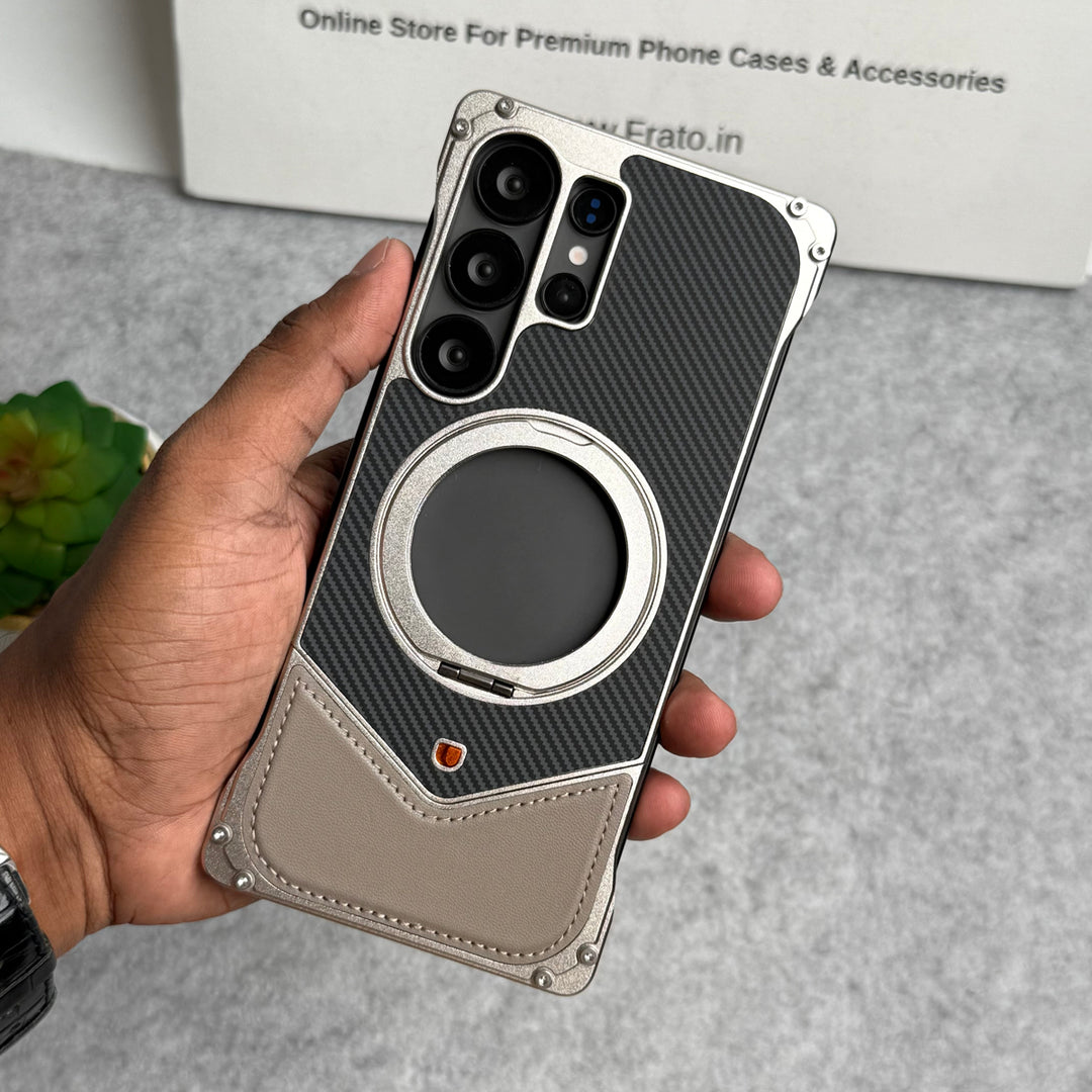 Samsung Galaxy Ultra Series Premium Carbon Leather Aluminium Metal Snap On Rotating Stand case