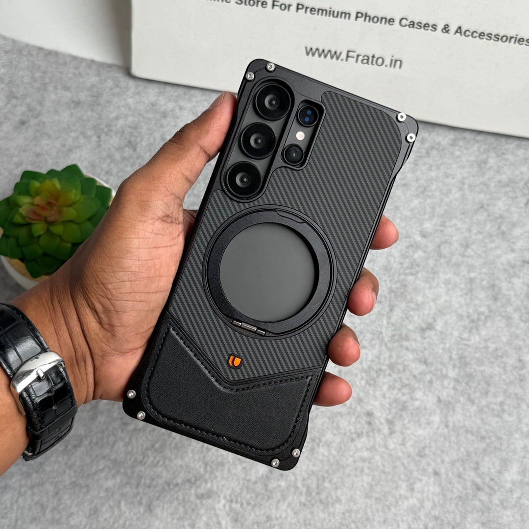 Samsung Galaxy Ultra Series Premium Carbon Leather Aluminium Metal Snap On Rotating Stand case