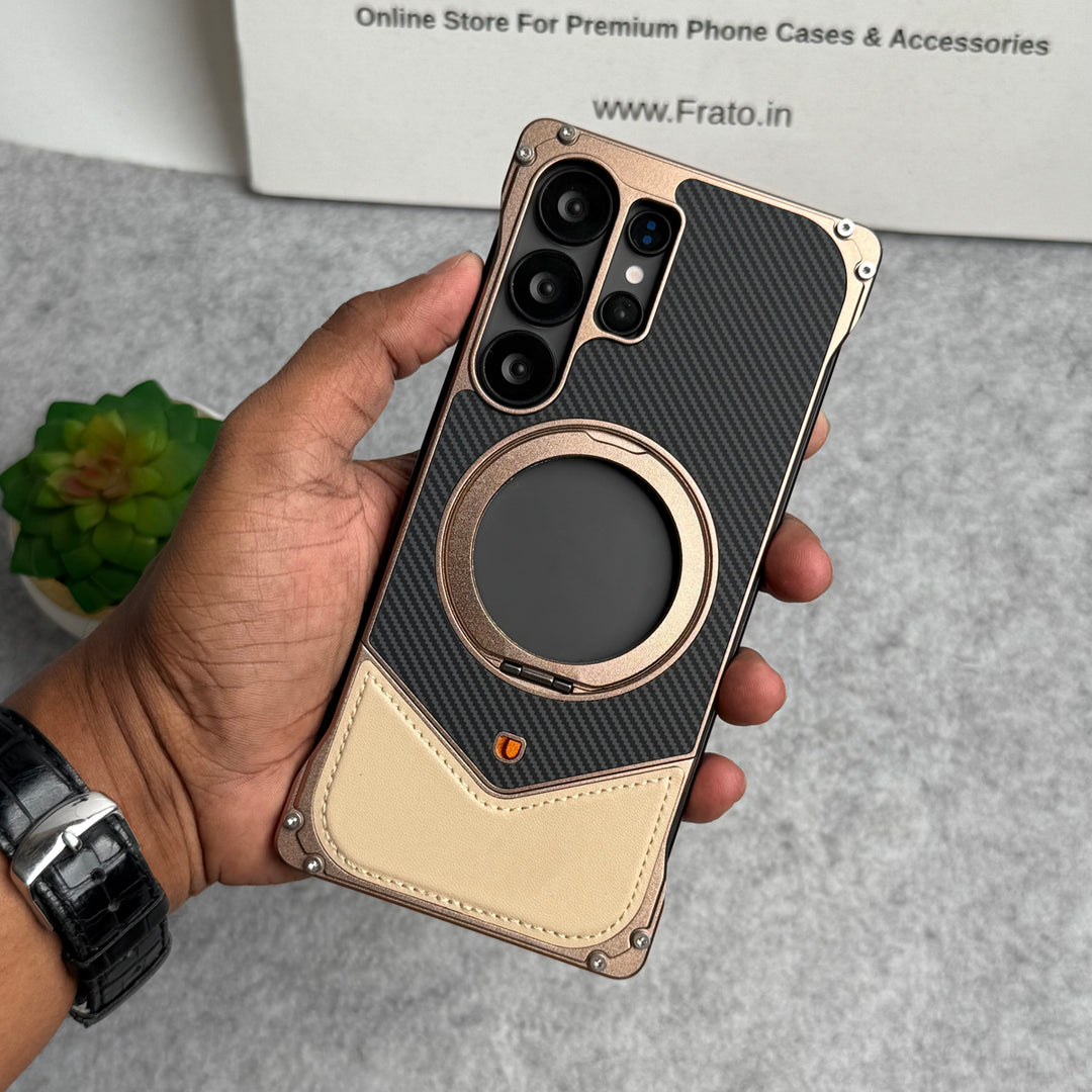 Samsung Galaxy Ultra Series Premium Carbon Leather Aluminium Metal Snap On Rotating Stand case