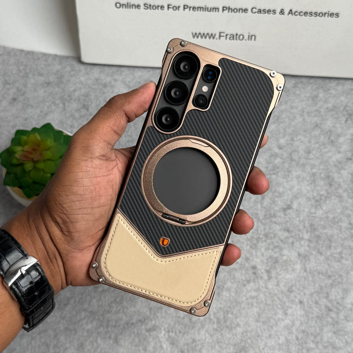 Samsung Galaxy Ultra Series Premium Carbon Leather Aluminium Metal Snap On Rotating Stand case