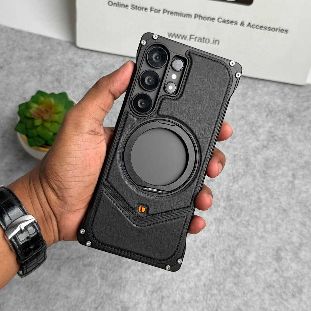 Samsung Galaxy Ultra Series Premium Leather Aluminium Metal Snap On Rotating Stand case