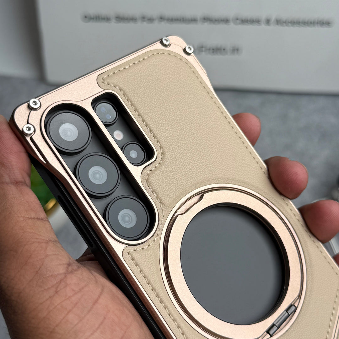 Samsung Galaxy Ultra Series Premium Leather Aluminium Metal Snap On Rotating Stand case