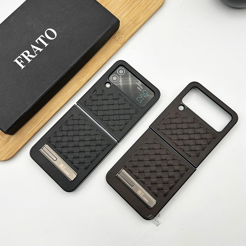 Samsung Galaxy Z Flip 4 PU Leather Checks Grid Pattern Kickstand Case Cover