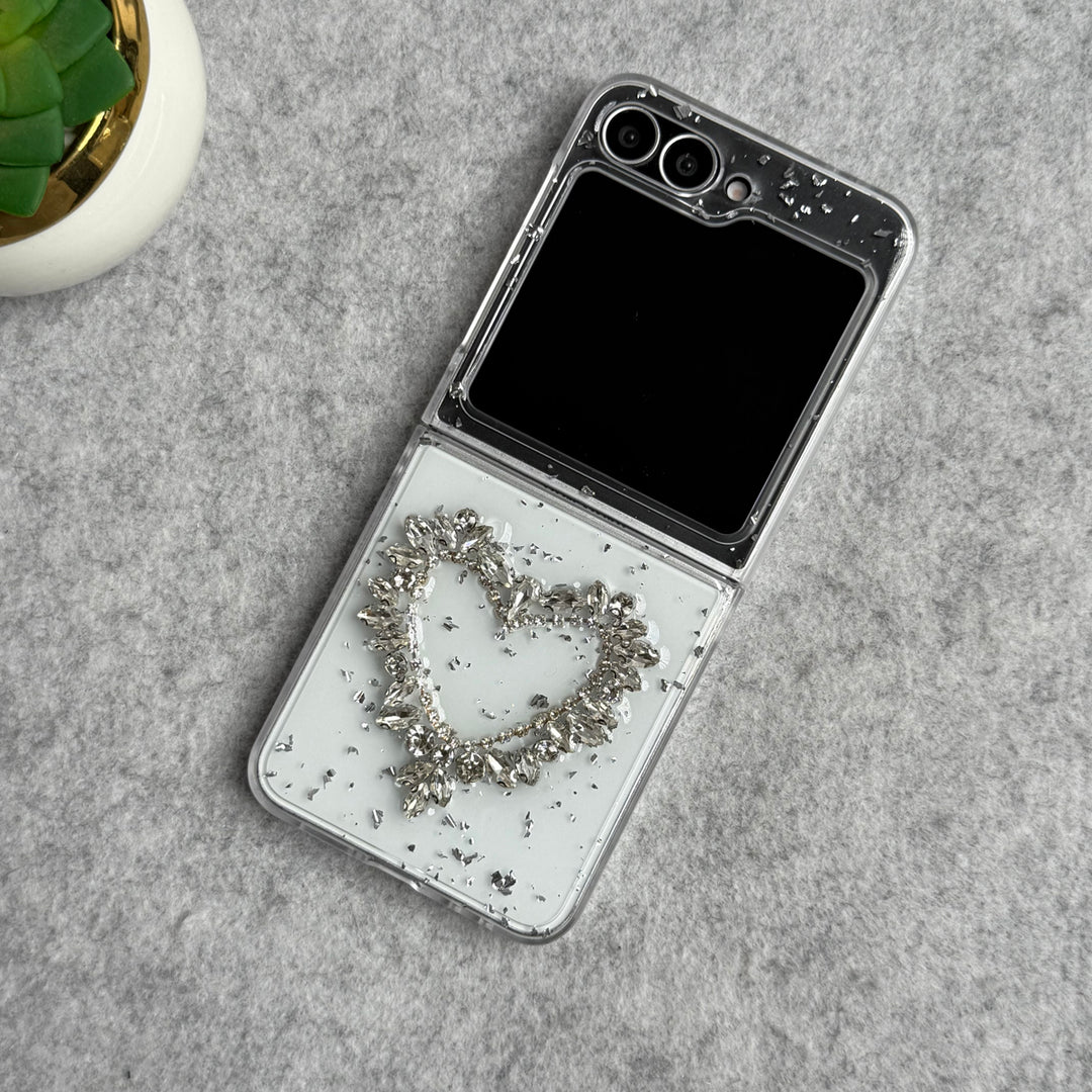 Samsung Galaxy Z Flip 6 3D Silver Rhinestone Heart Case Cover