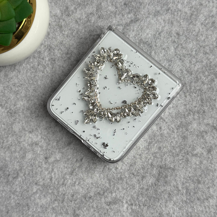 Samsung Galaxy Z Flip 6 3D Silver Rhinestone Heart Case Cover