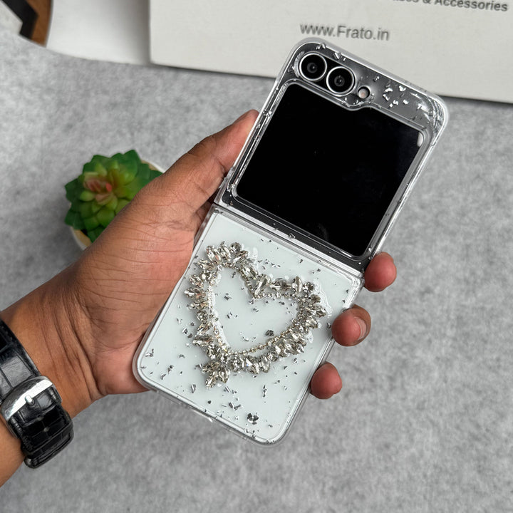 Samsung Galaxy Z Flip 6 3D Silver Rhinestone Heart Case Cover