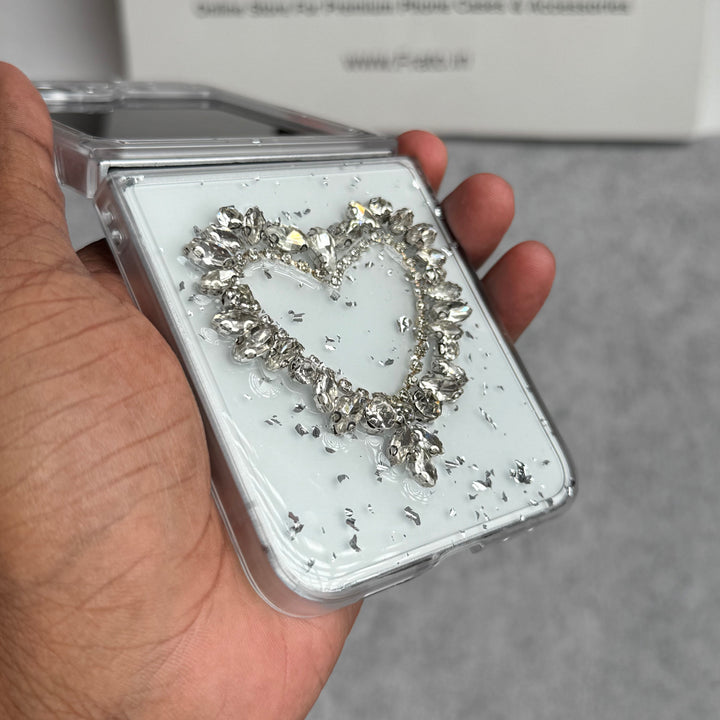 Samsung Galaxy Z Flip 6 3D Silver Rhinestone Heart Case Cover
