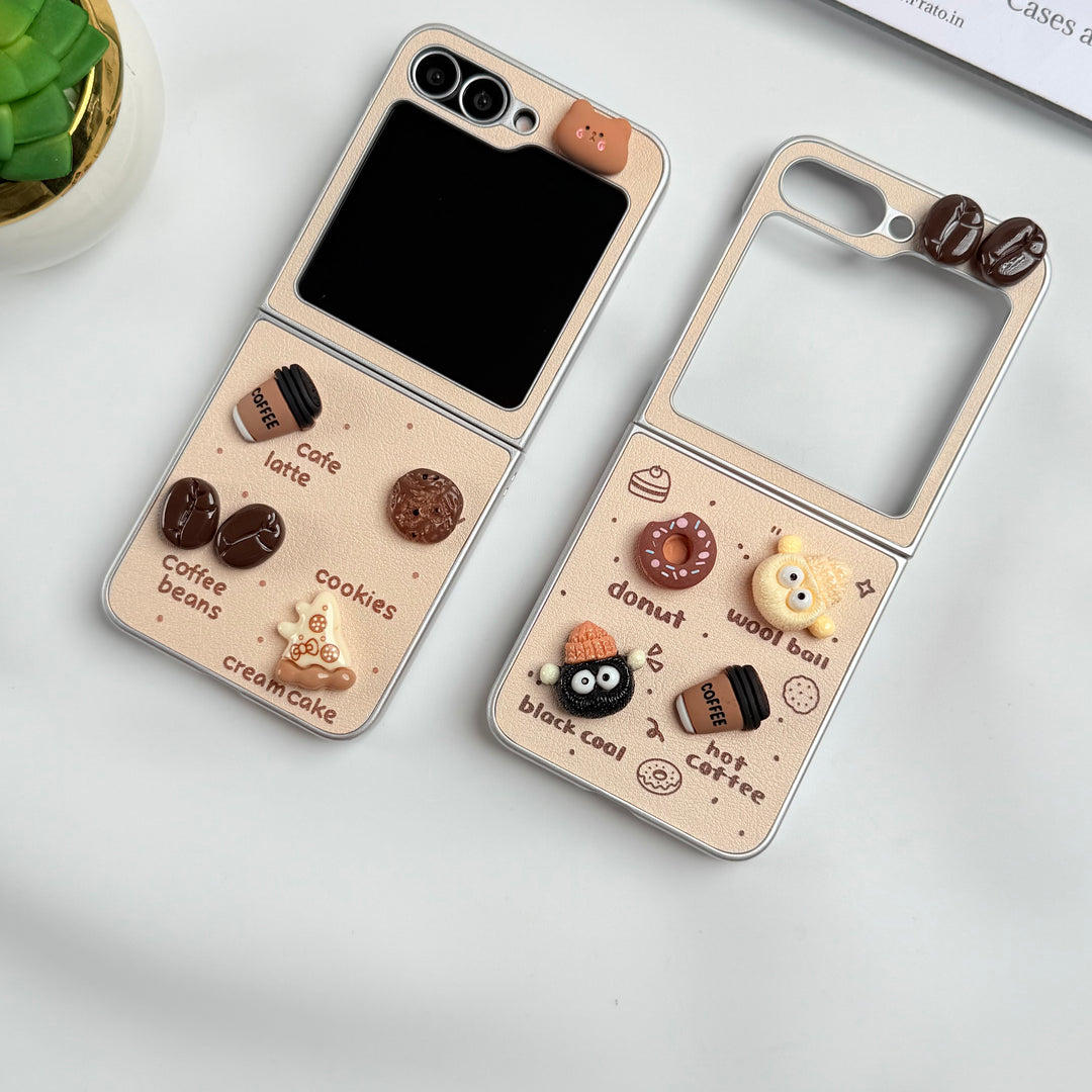 Samsung Galaxy Z Flip 6 Donut Wool Coal Coffee Teddy Cover With Charm Holder
