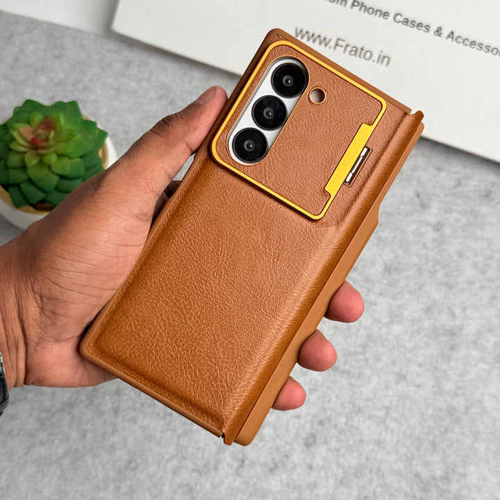 Samsung Galaxy Z Fold 5 Premium Leather Textured Flip Case with Metal Kick Stand Cover