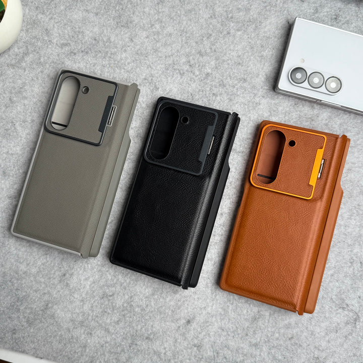 Samsung Galaxy Z Fold 5 Premium Leather Textured Flip Case with Metal Kick Stand Cover