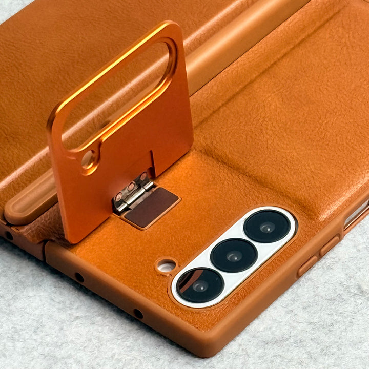 Samsung Galaxy Z Fold 5 Premium Leather Textured Flip Case with Metal Kick Stand Cover